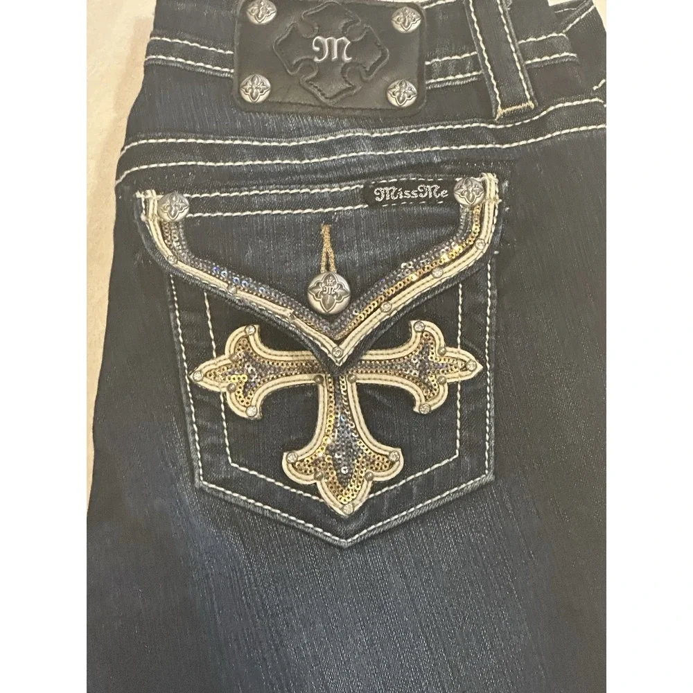 MISS ME Signature Sequin Cross Low Rise Rhinestone Flap Skinny Jeans‎ SZ 30